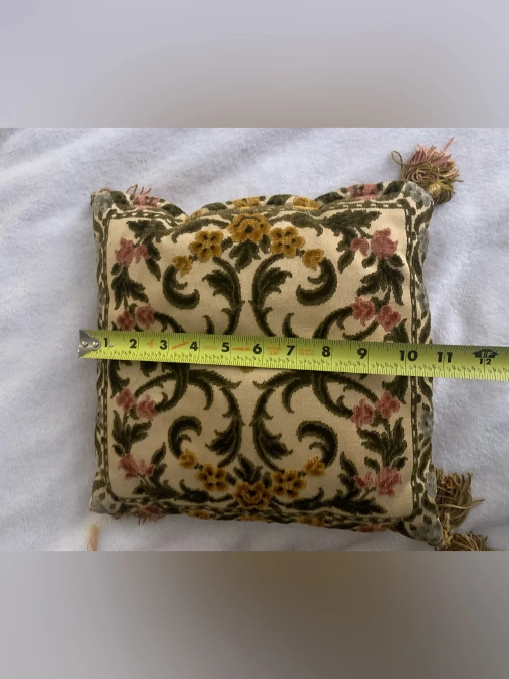 Antique Velvet Damask Floral Throw Pillows with Tassel Trim approx 10 x 10